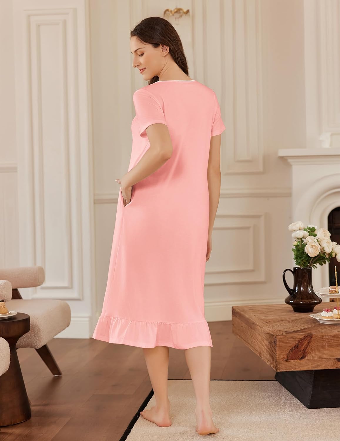Cotton nightgown solid pink, short sleeves, back view, ruffled hem