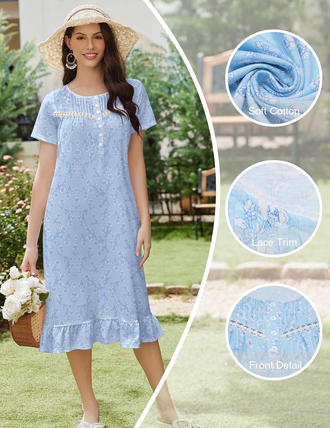 Cotton nightgown, light blue floral print, short sleeves, button front, lace-trim hem