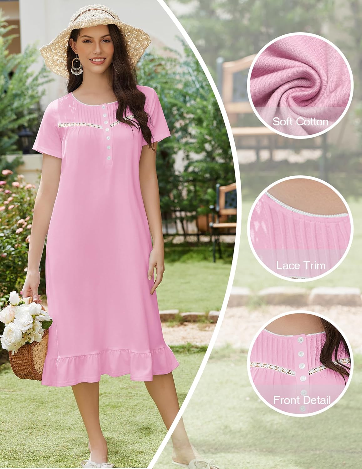 Light pink cotton nightgown with button front, lace trim, and soft ruffle hem