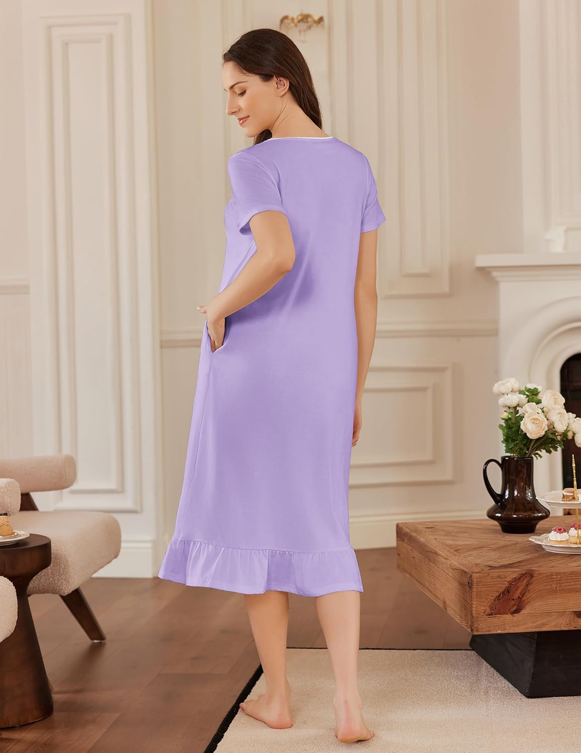 Lavender cotton nightgown back view with short sleeves and ruffled bottom hem