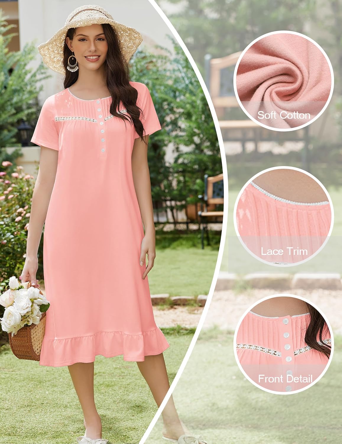 Cotton nightgown, solid pink, short sleeves, front button placket, lace-trim neckline