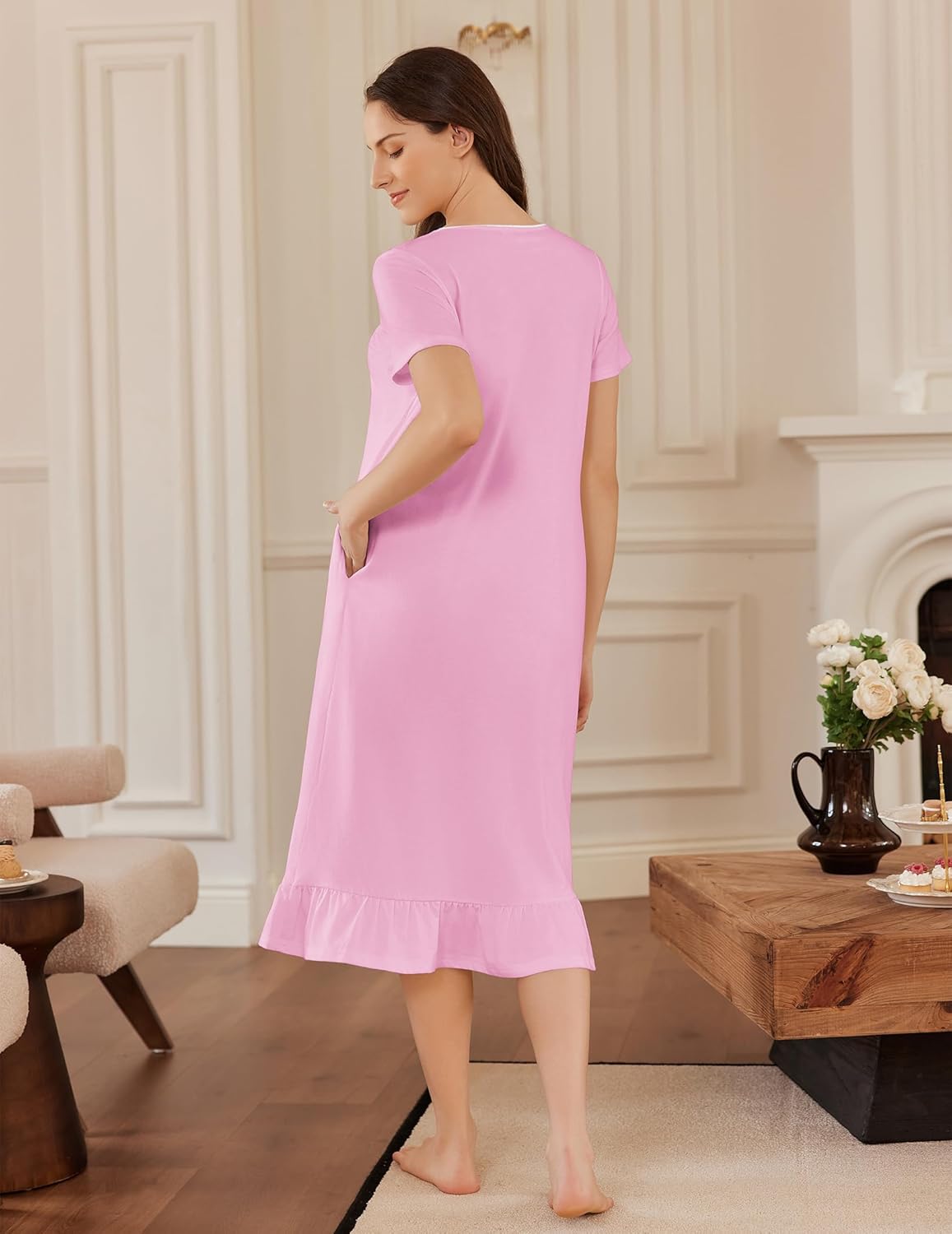 Light pink cotton nightgown back view with short sleeves and ruffled hem