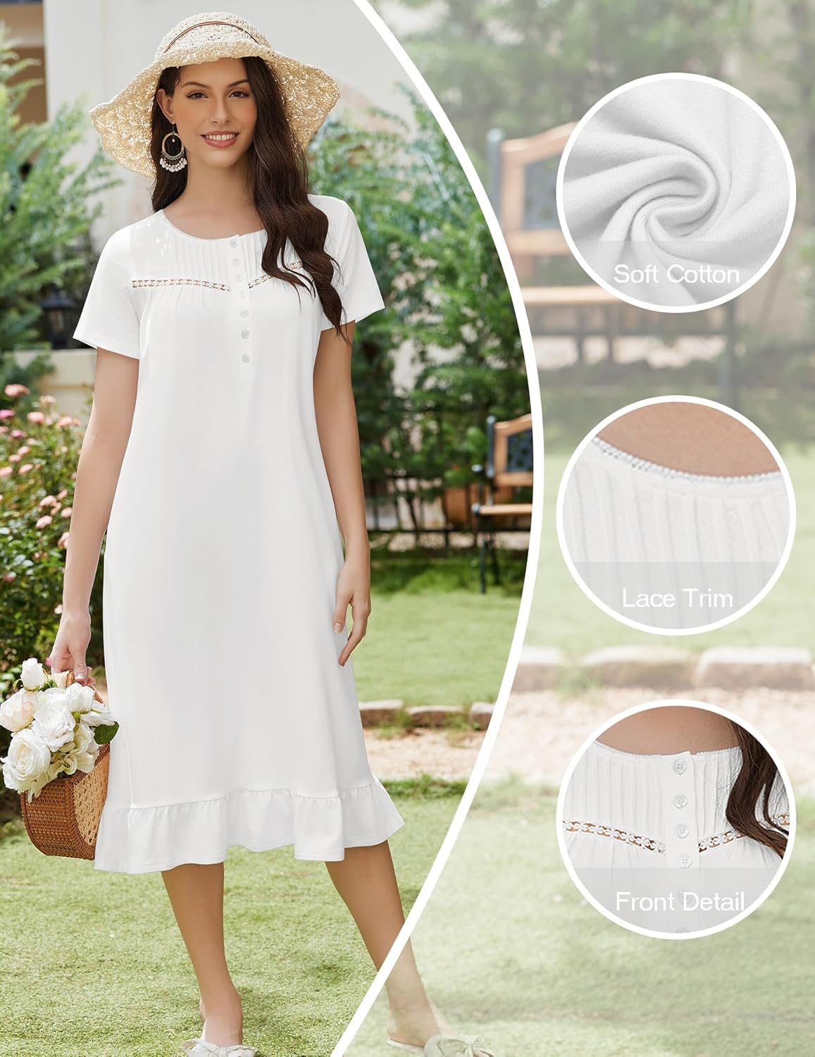 White cotton nightgown with button front, lace trim, and short sleeves