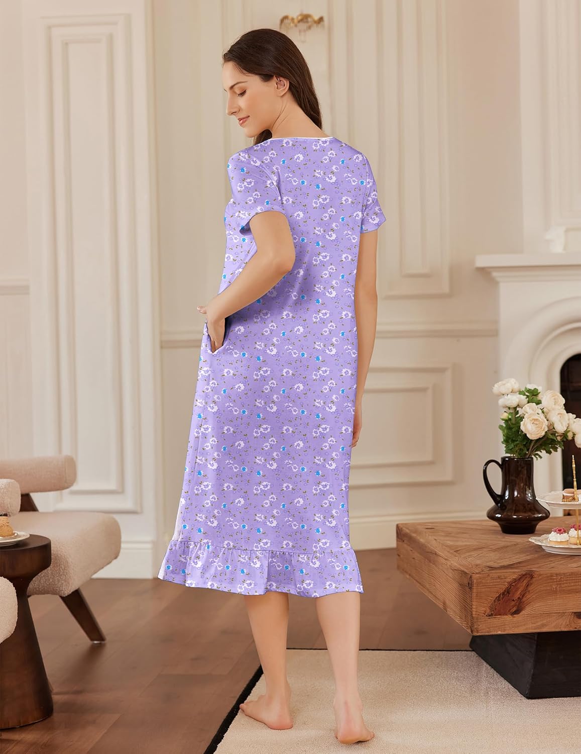 Cotton nightgown lilac-purple floral print, short sleeves, back view, ruffled hem