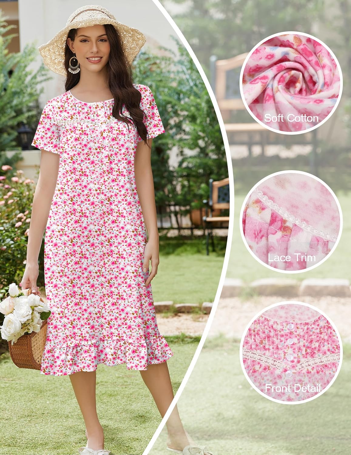 Cotton nightgown with pink floral print, lace trim neckline and sleeves, button details
