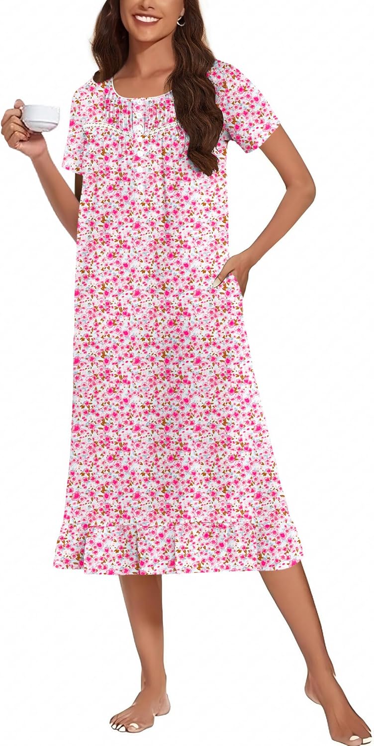 Cotton nightgown, white with pink floral print, square neckline, short sleeves, ruffled hem