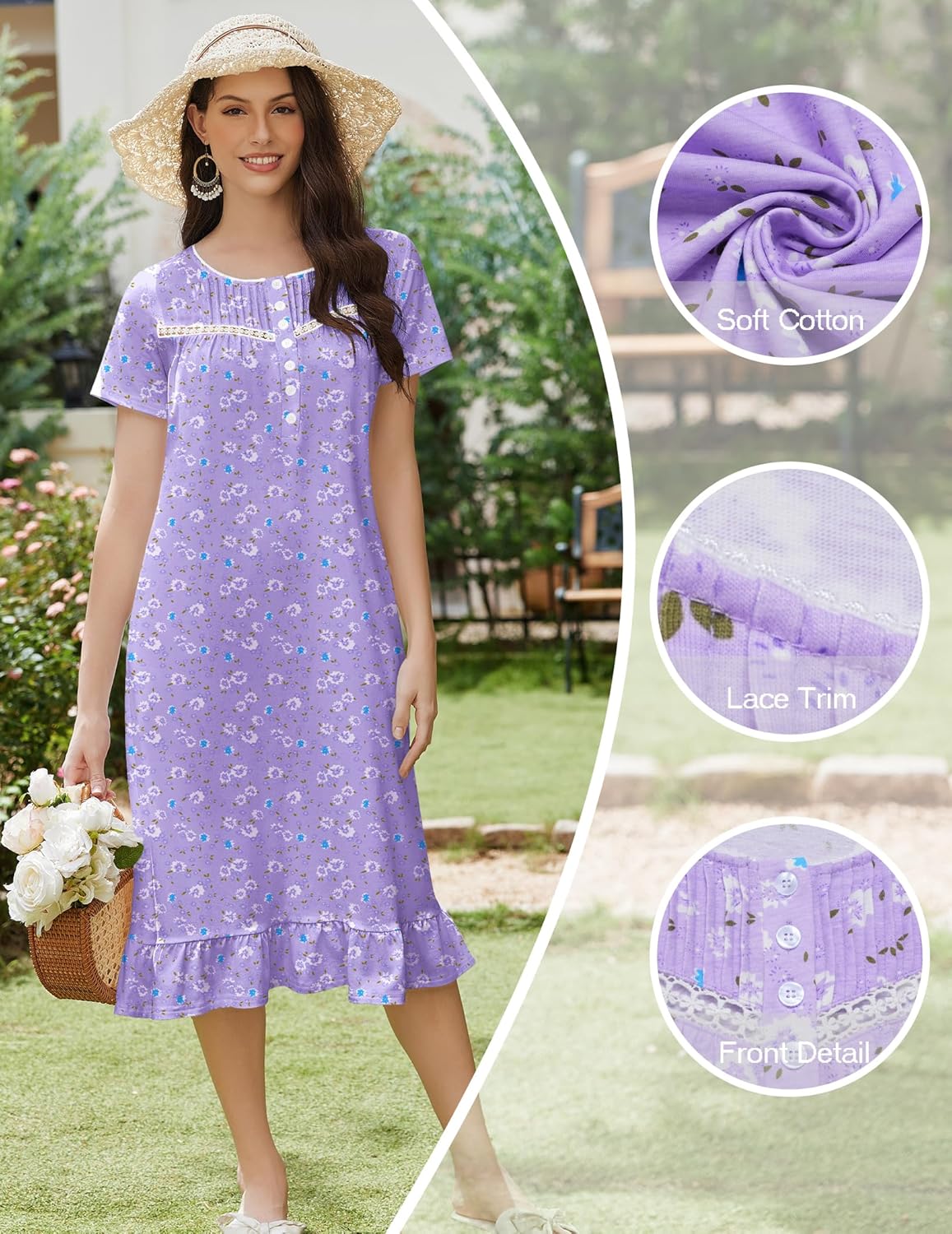 Lavender floral cotton nightgown with front buttons, lace trim, and short sleeves