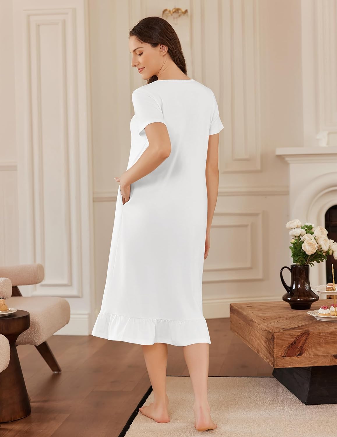 White cotton nightgown back view with short sleeves and ruffled bottom hem