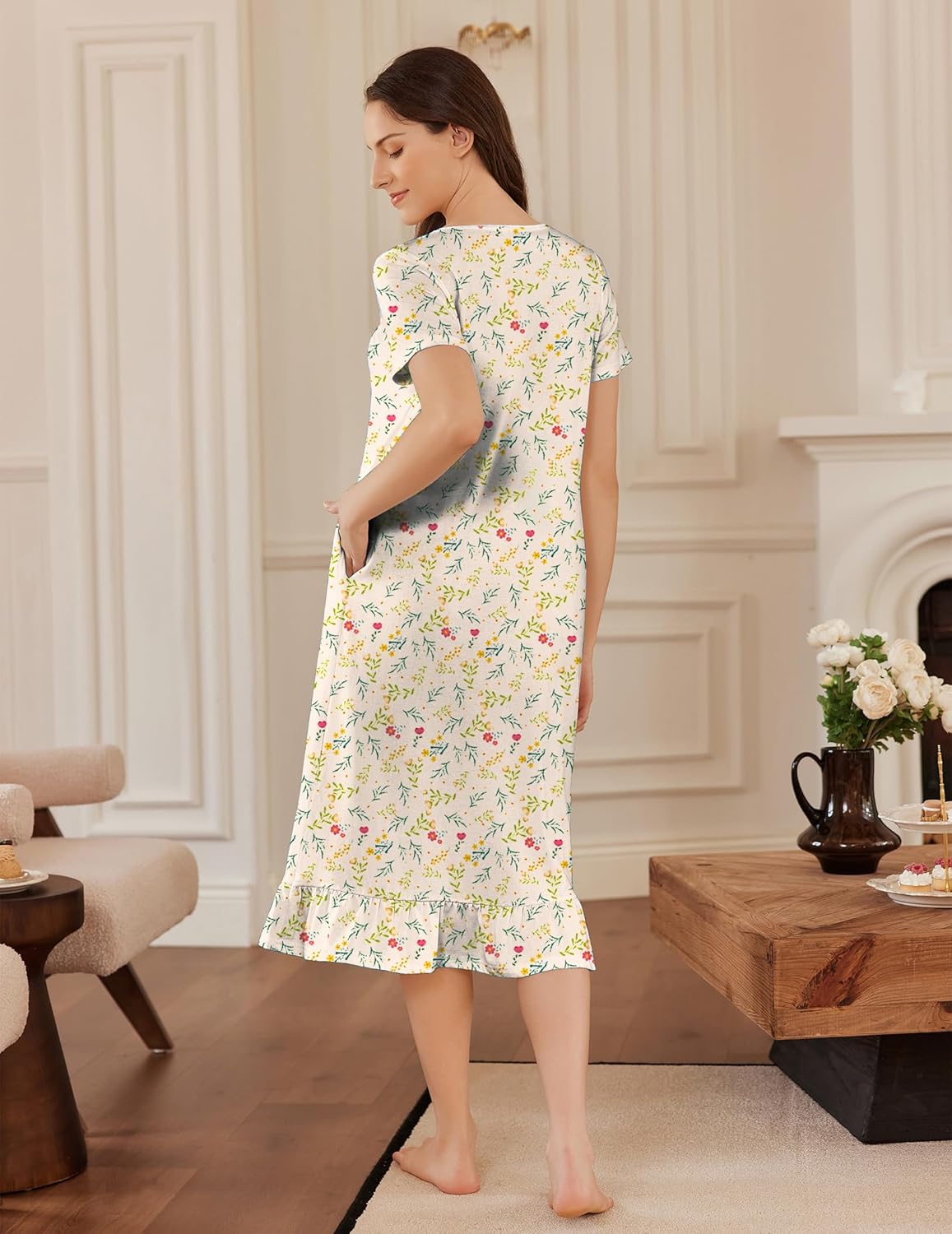White floral cotton nightgown back view with short sleeves