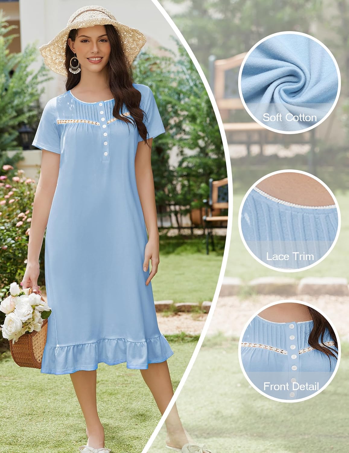 Light blue cotton nightgown with button front and lace-trim hem