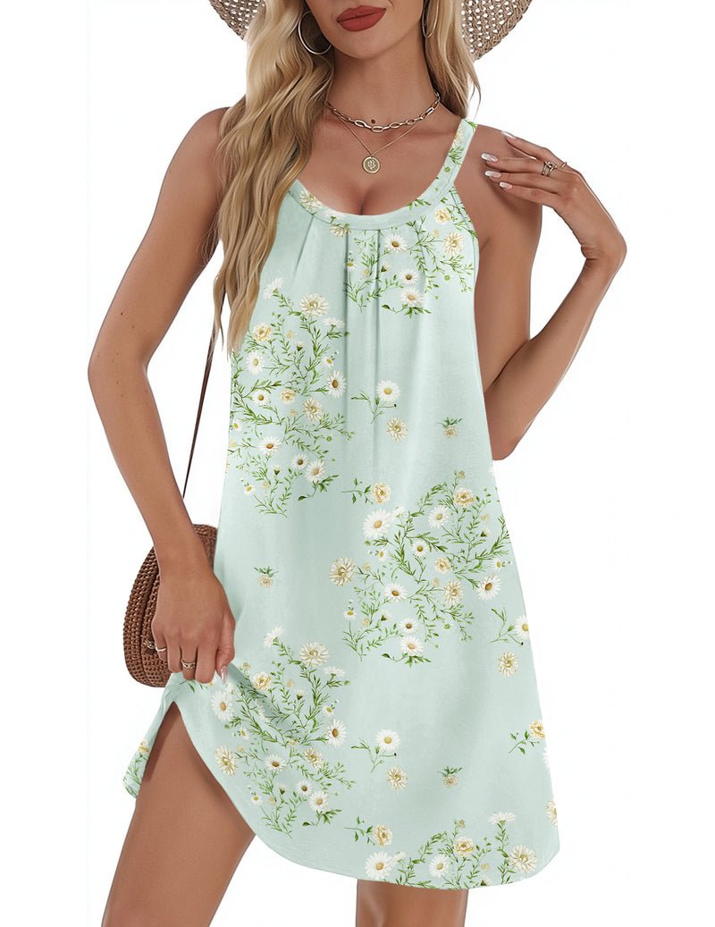Hellmintes Cotton Nachthemd mit Trägern, kleine Gänseblümchen/Blütenprint, Rundhals