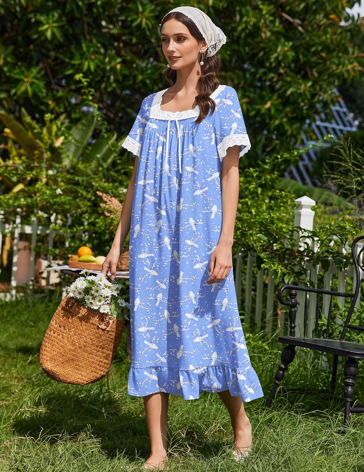 Cotton nightdress light blue bird print with lace-trim square neckline and short sleeves