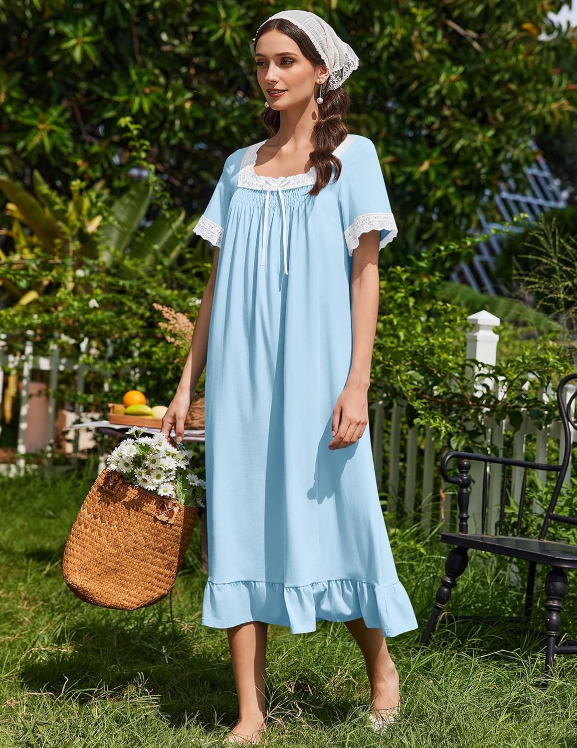 Vintage cotton nightgown with lace trim, short sleeves, light blue