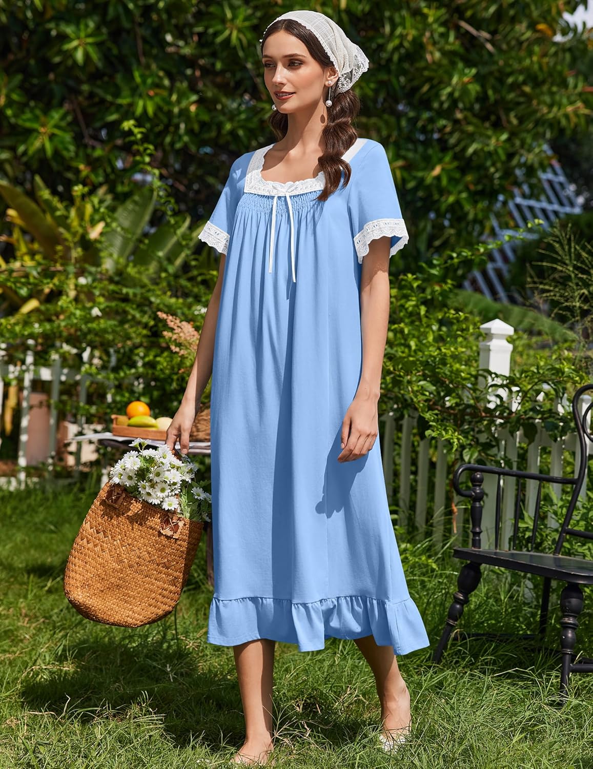 Vintage cotton nightgown with lace trim, short sleeves, light blue solid color