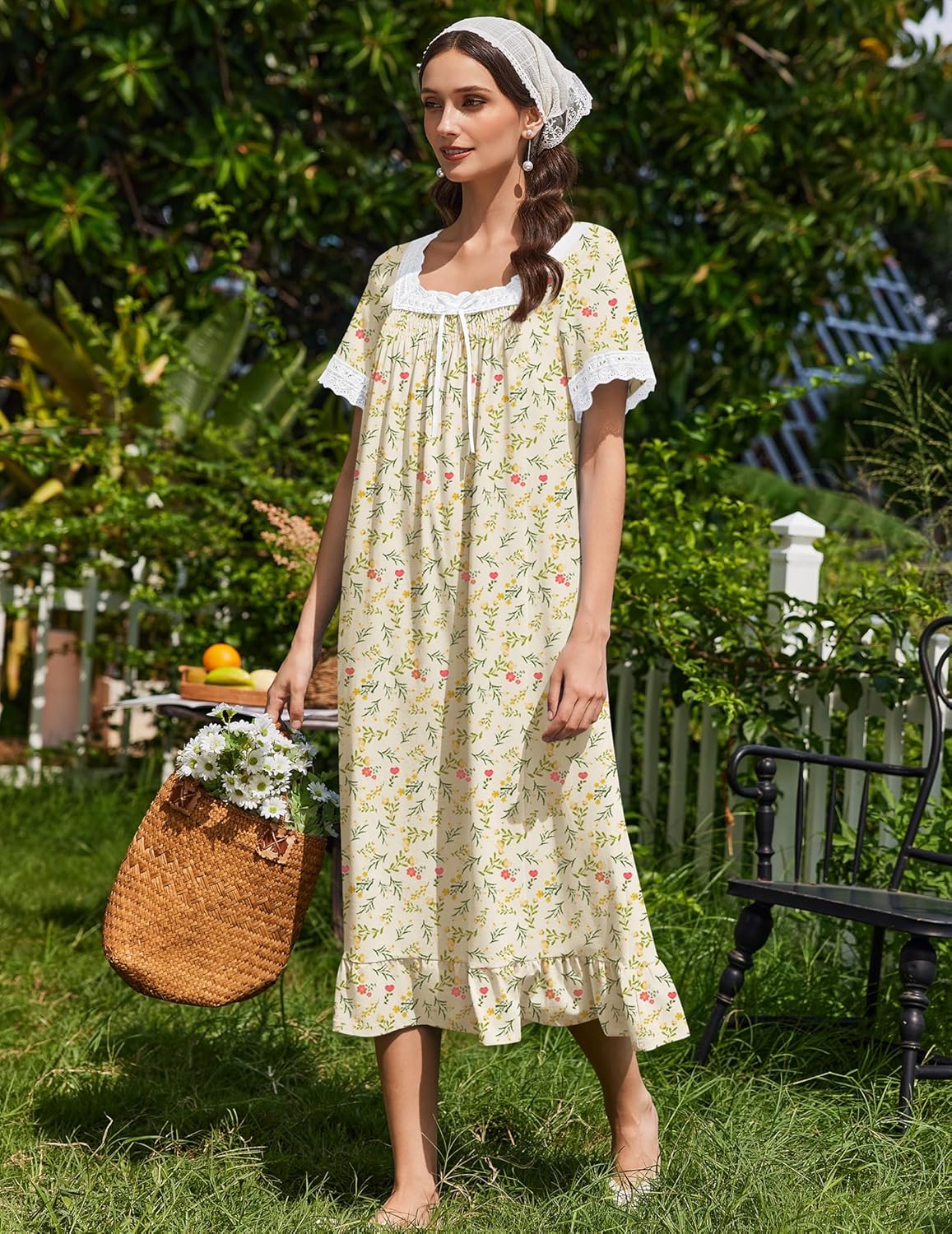 Vintage cotton nightdress with lace neckline, short sleeves, light yellow floral