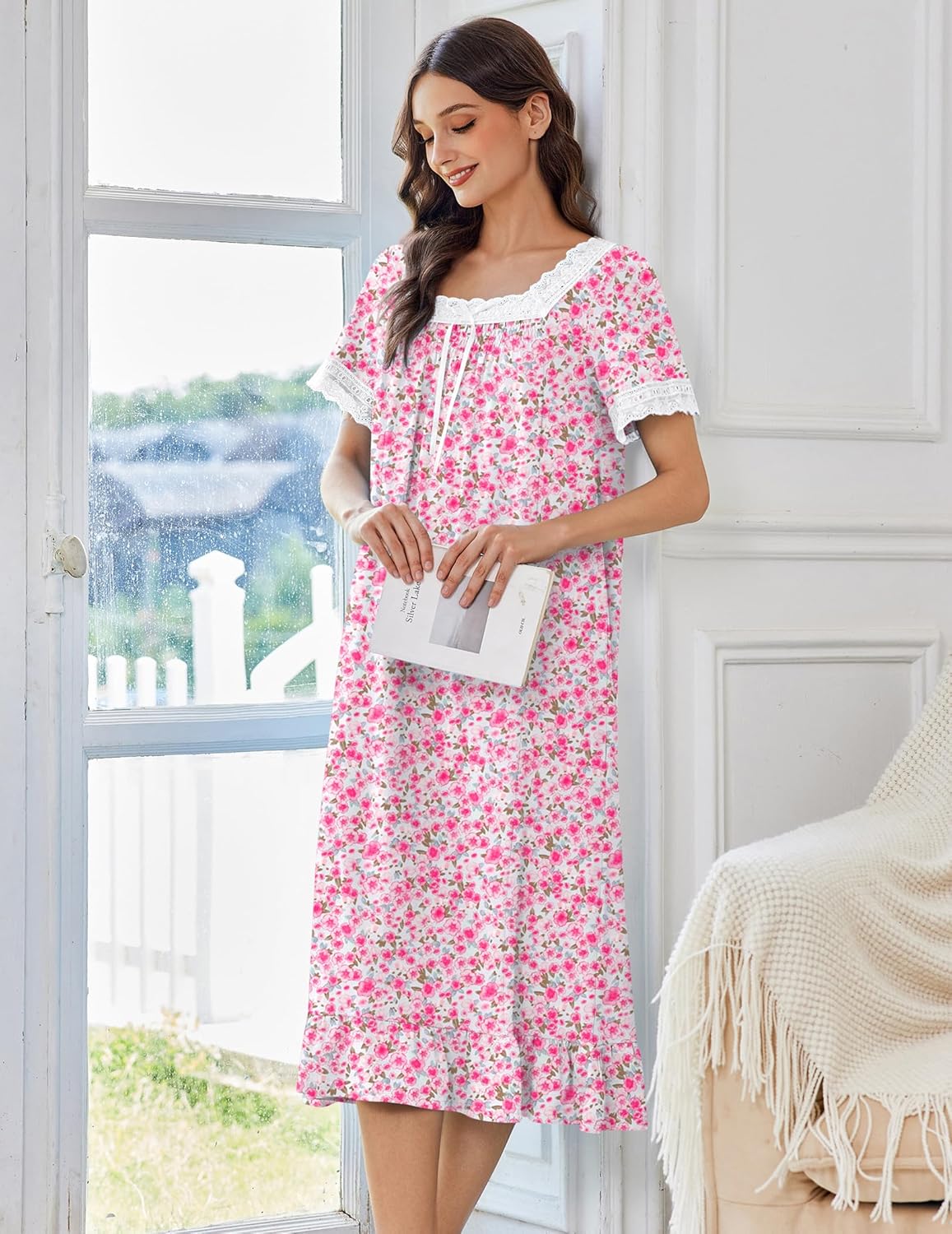 Pink floral cotton nightgown with square lace neckline, short sleeves, gathered ruffle front