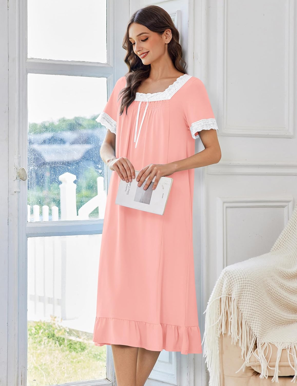 Short-sleeve cotton nightgown with lace neckline, soft pink