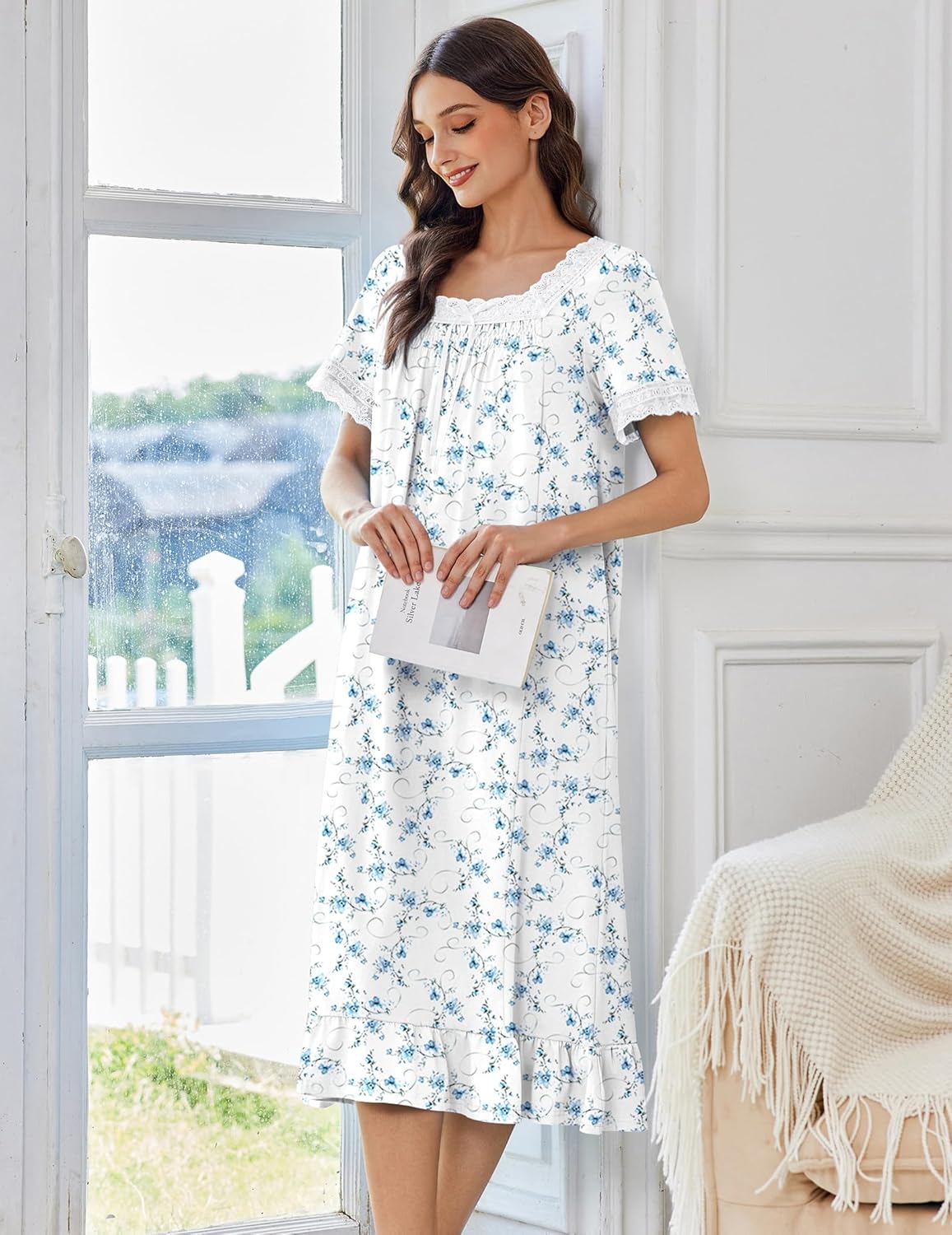 White-and-blue floral cotton nightgown with lace-trimmed scoop neckline, short sleeves