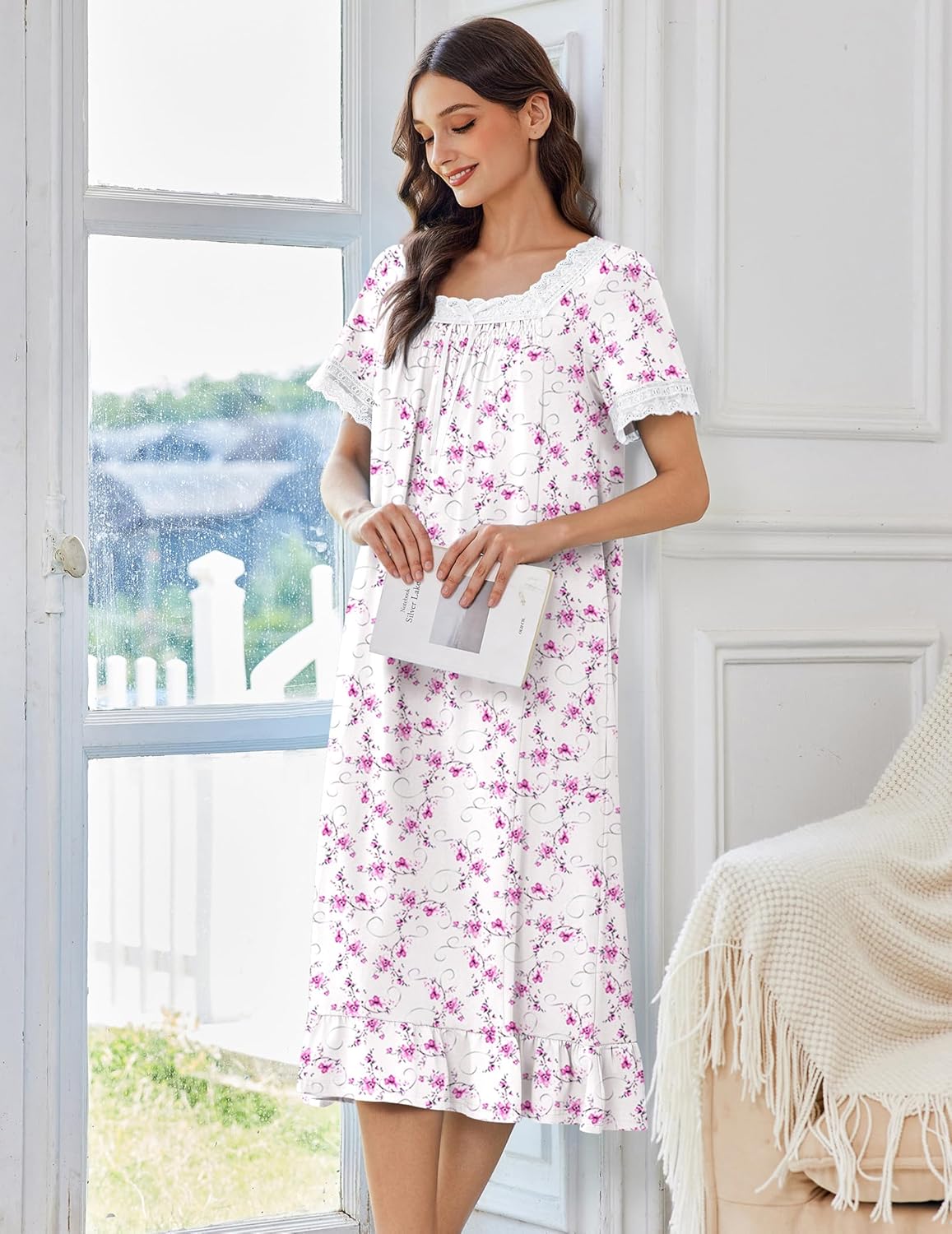 White cotton lace nightgown with purple floral print, ruffled hem, short sleeves