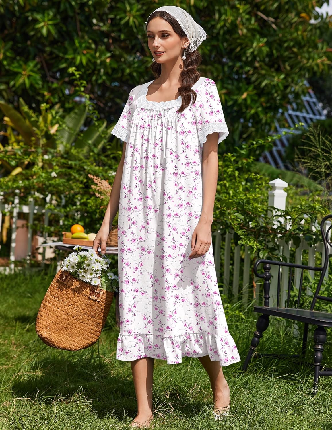 Vintage cotton nightgown, short sleeves, lace trim, white with purple floral print