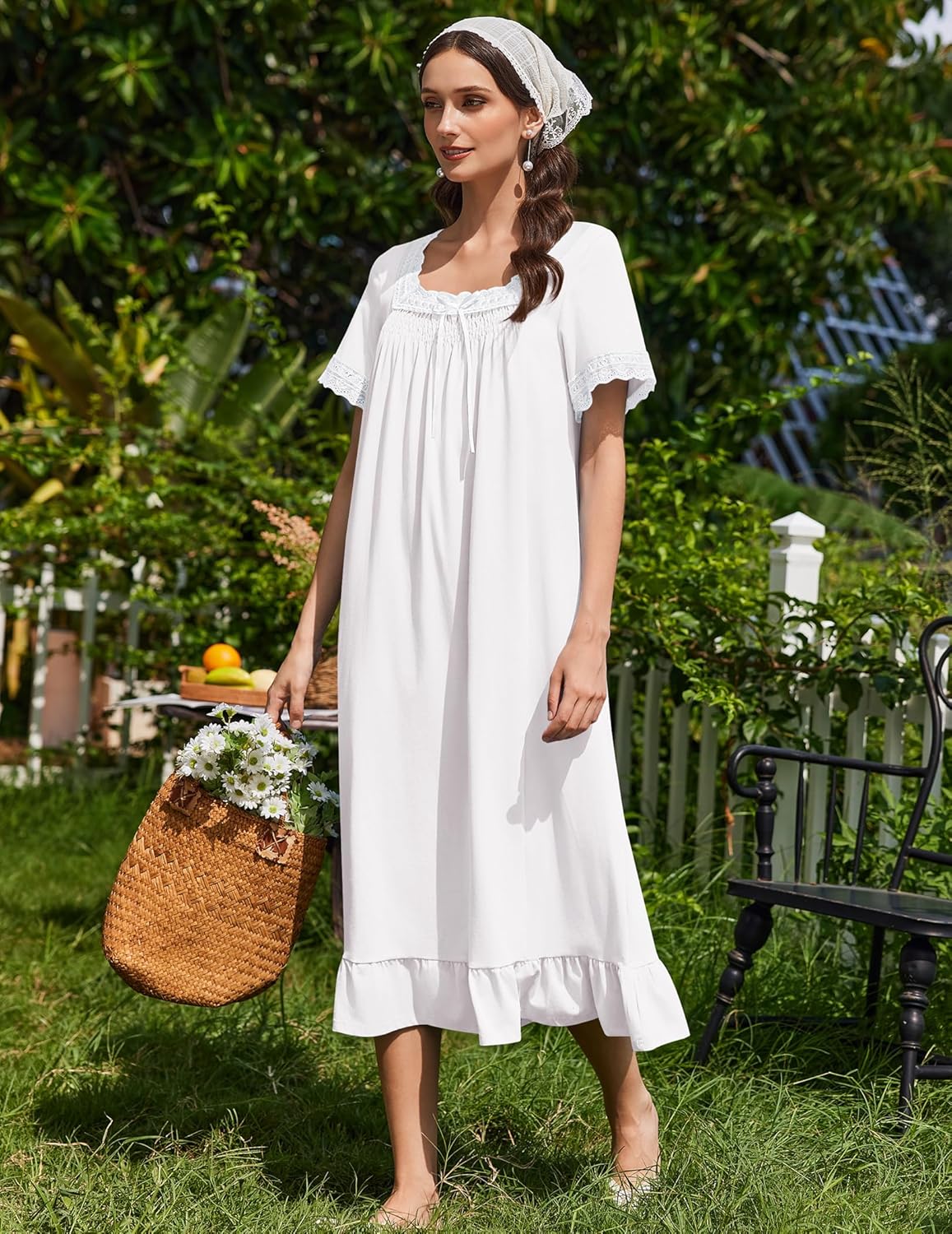 Cotton nightgown with lace trim and gathered neckline, white