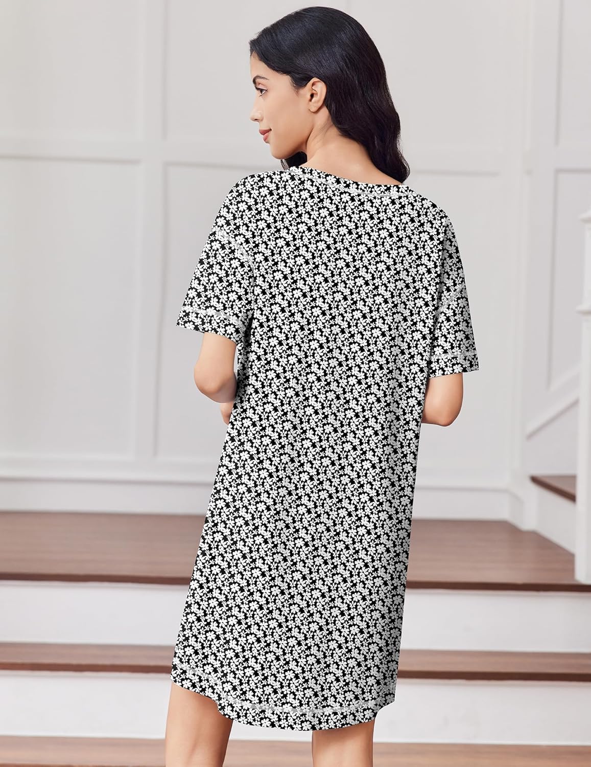 Back view: black & white floral oversized short-sleeve nightgown