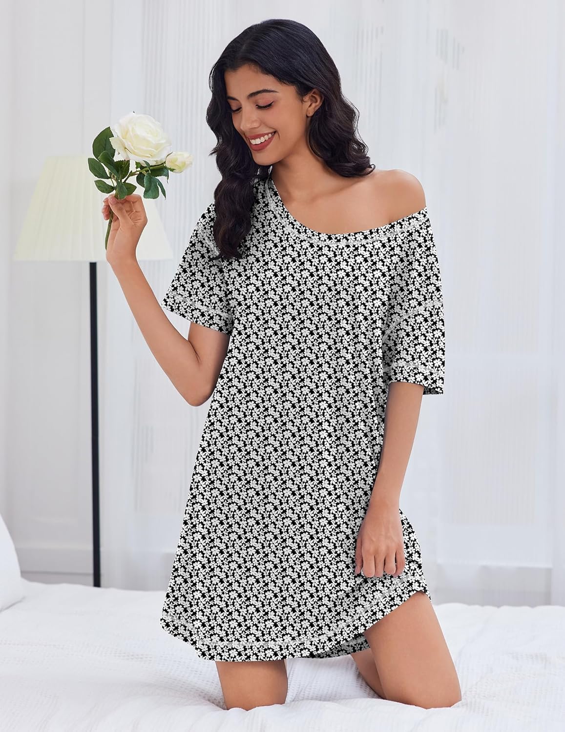 Black & white floral oversized nightgown, short sleeves, off-shoulder neckline