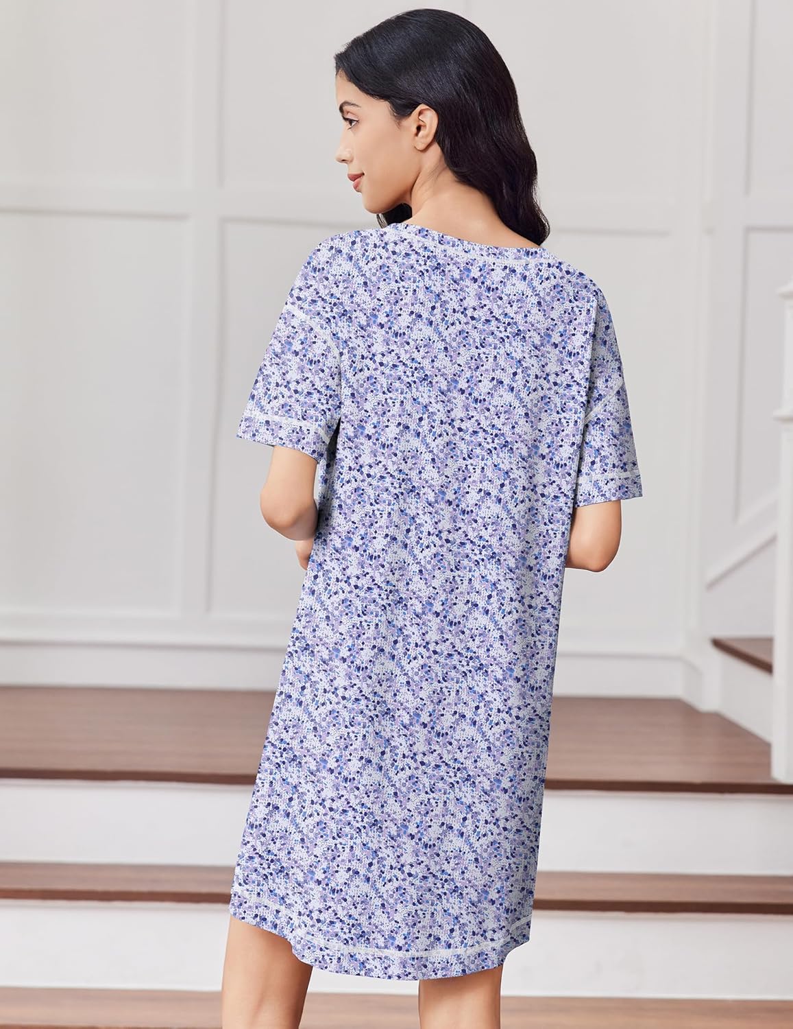 Back view: light blue floral oversized short-sleeve nightgown