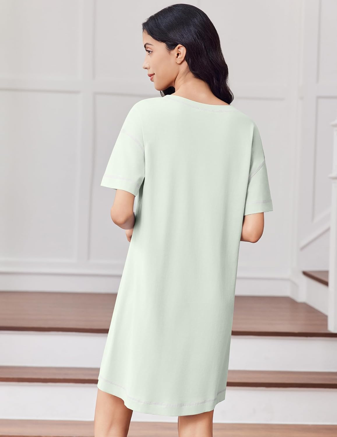 Back view: light green oversized short-sleeve nightgown