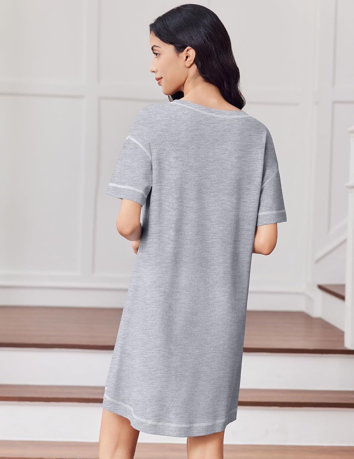 Light gray cotton nightgown, back view, short sleeves and relaxed A-line fit