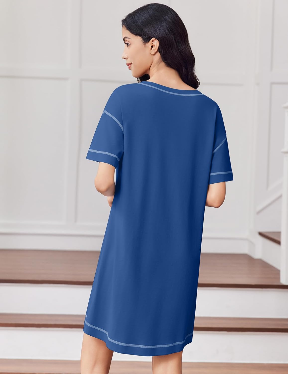 Back view: oversized blue short-sleeve nightgown with contrast trim