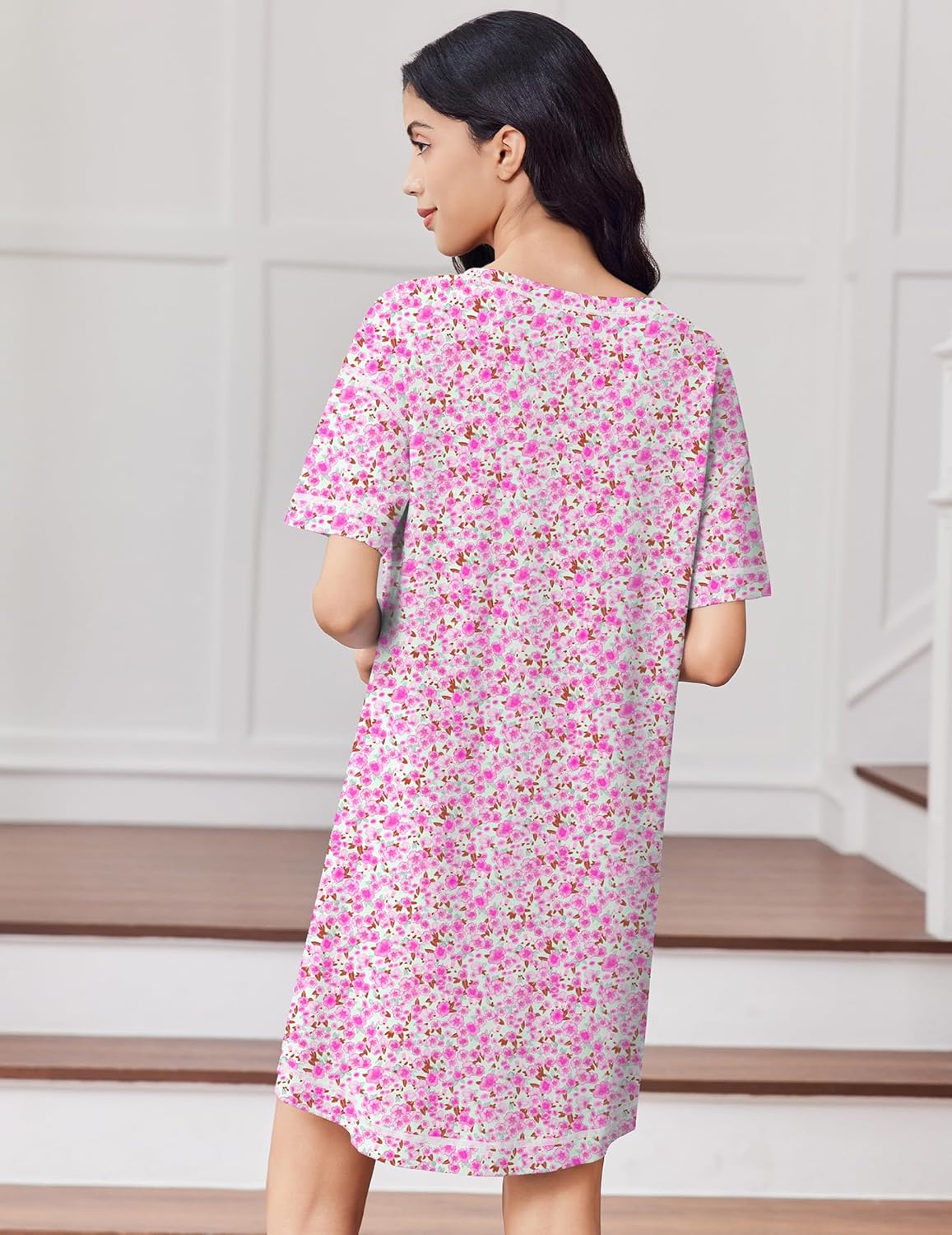 Back view: pink floral oversized short-sleeve nightgown