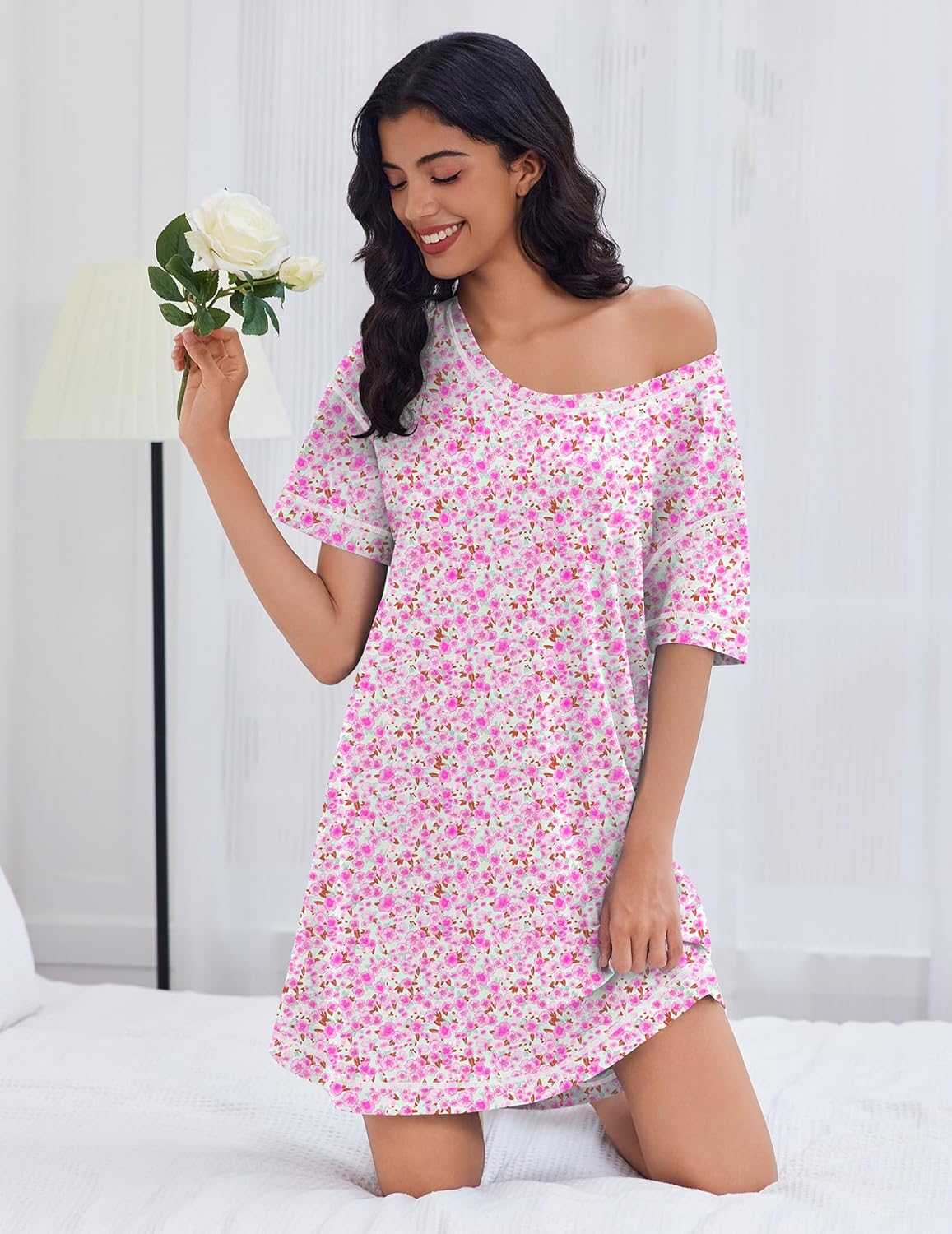Oversized pink floral short-sleeve nightgown with off-shoulder neckline