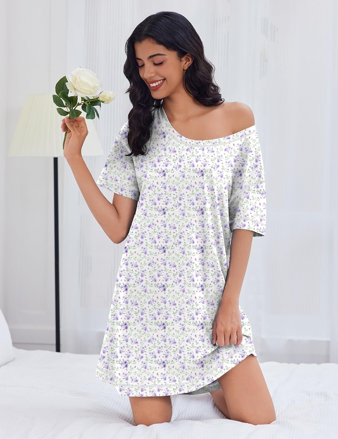 White cotton nightgown with purple floral print and off-shoulder wide neckline