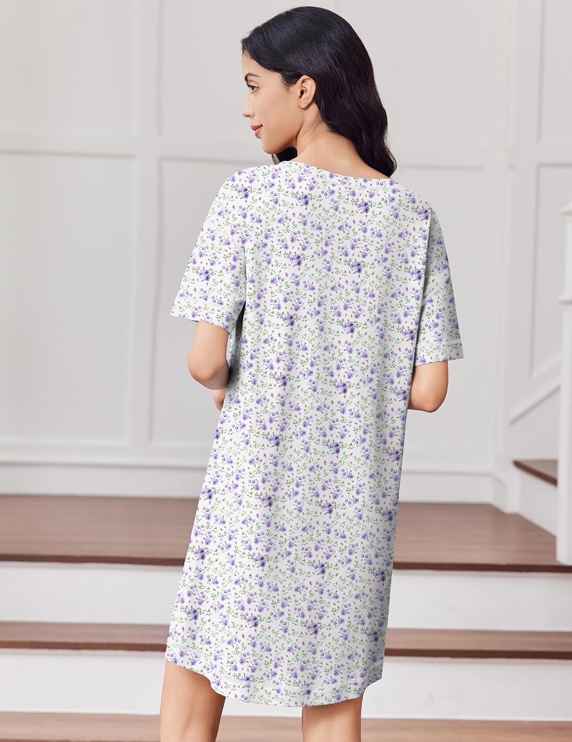 White cotton nightgown with purple floral print, back view, short sleeves