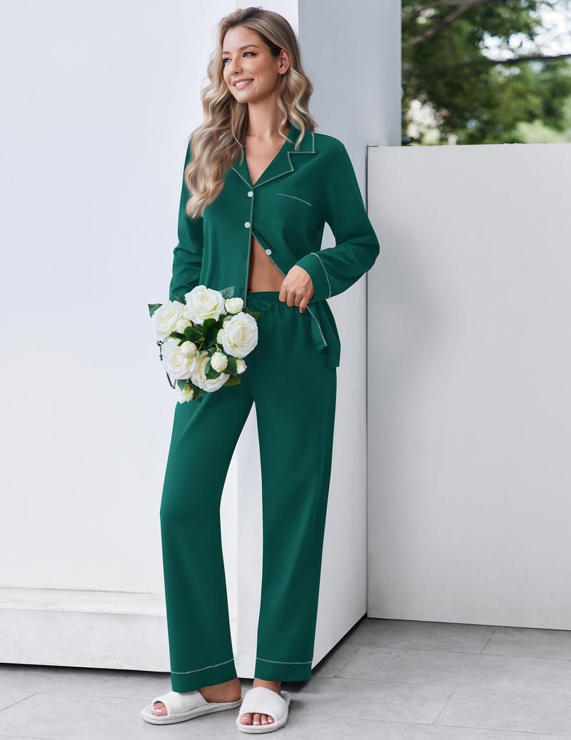 Green long-sleeve button-down pajama top with pocket and matching pants