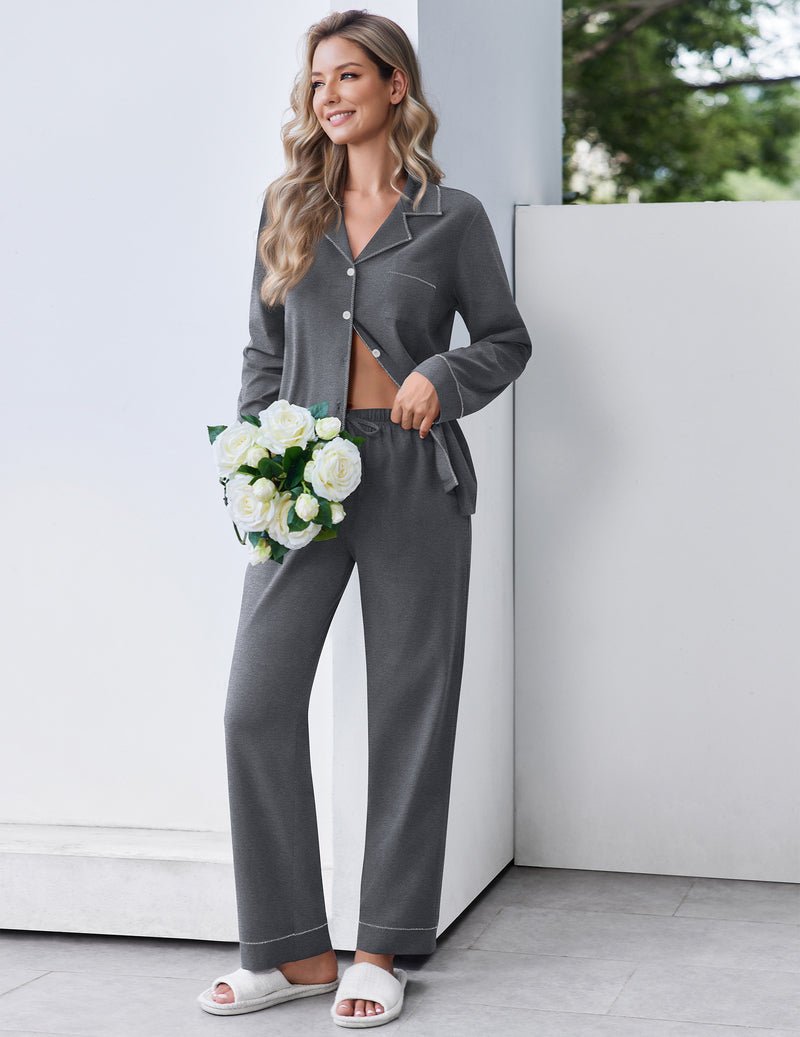 Cotton PJs 2-piece lounge set in charcoal gray, button-front long-sleeve top and pants