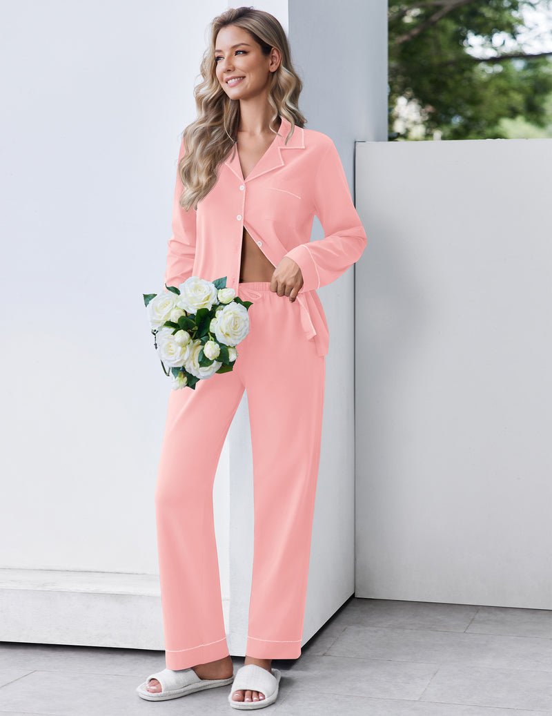 Pink long-sleeve button-front cotton pajama set, two-piece with matching pants.