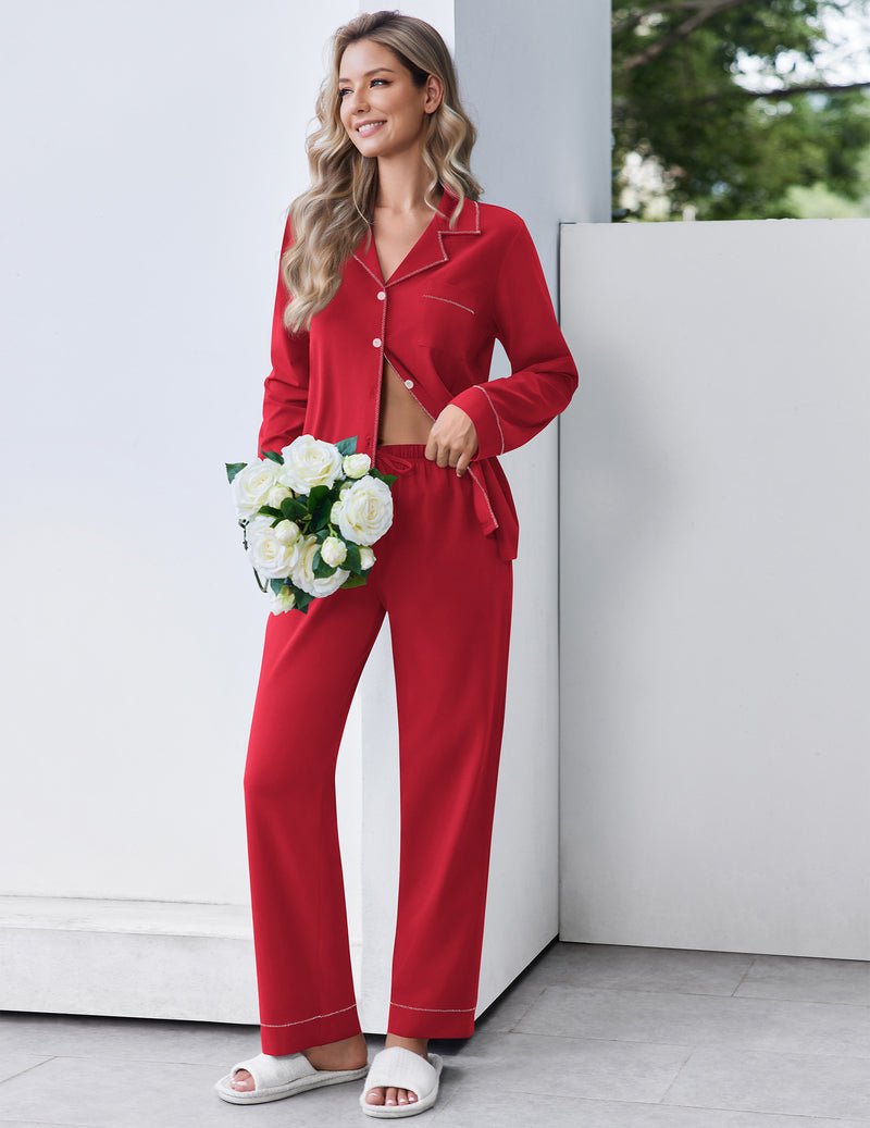 Cotton PJs 2-piece lounge set in red, button-front long-sleeve top with wide-leg pants