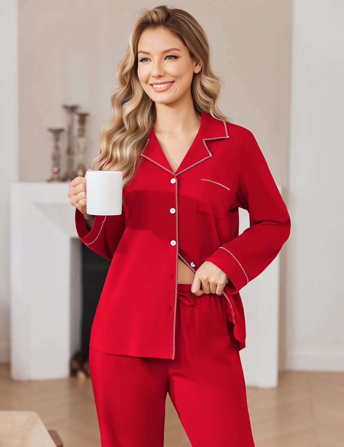 Cotton PJs long sleeve button-down set, red pajama top and trousers with chest pocket
