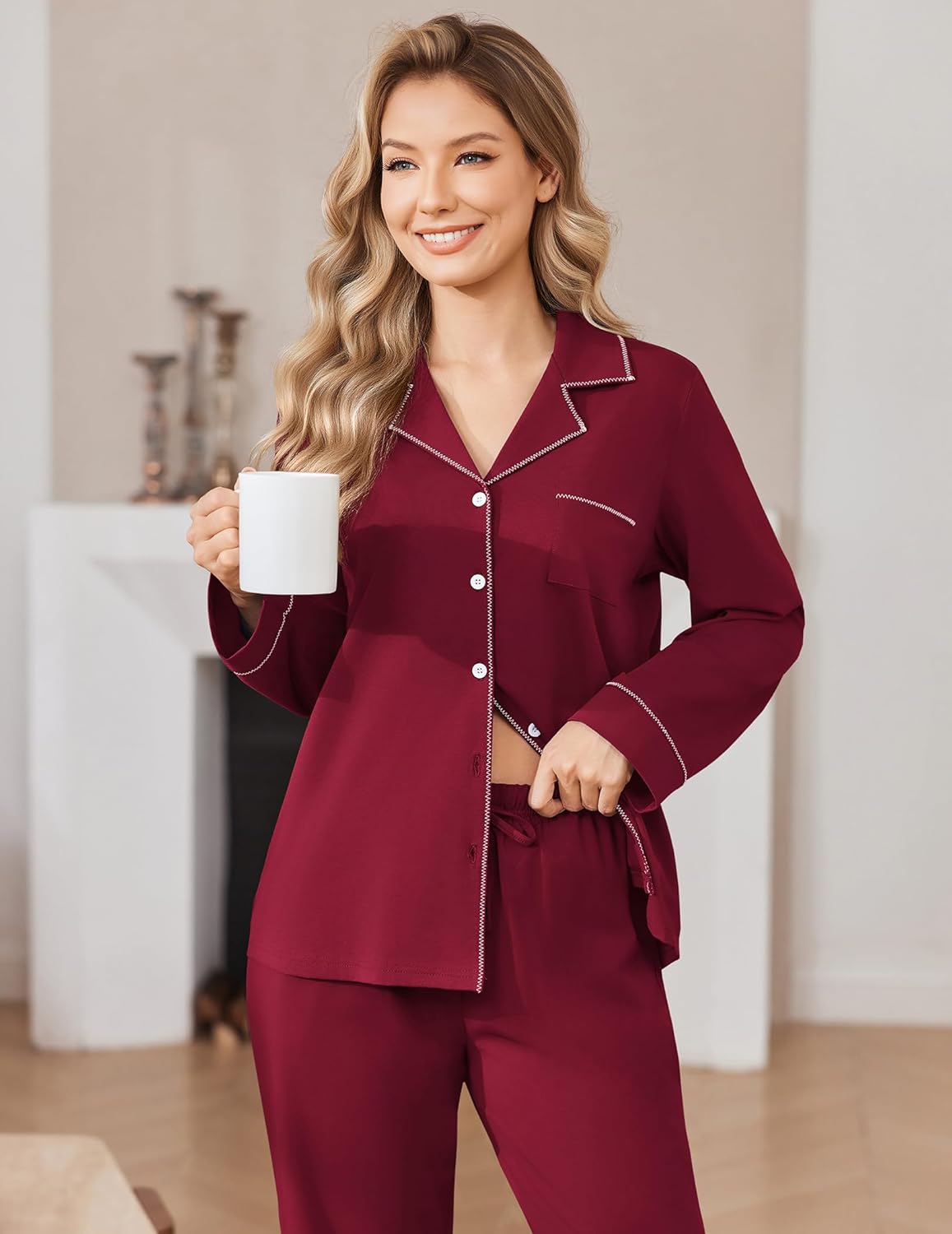 Wine red pajama set: button-up shirt with chest pocket, matching lounge trousers.