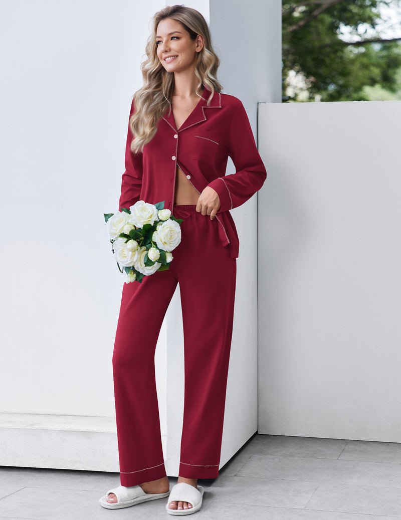 Wine red long-sleeve pajama set with button shirt and wide-leg pants, contrast-stitch.