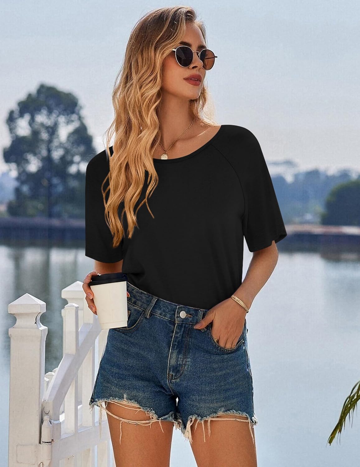 Black crew-neck short-sleeve tunic nightdress with straight hem above knees