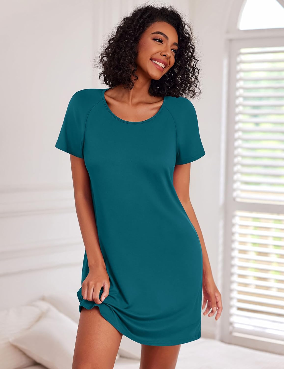 Teal solid nightdress with crew neck and short sleeves, straight mini hem