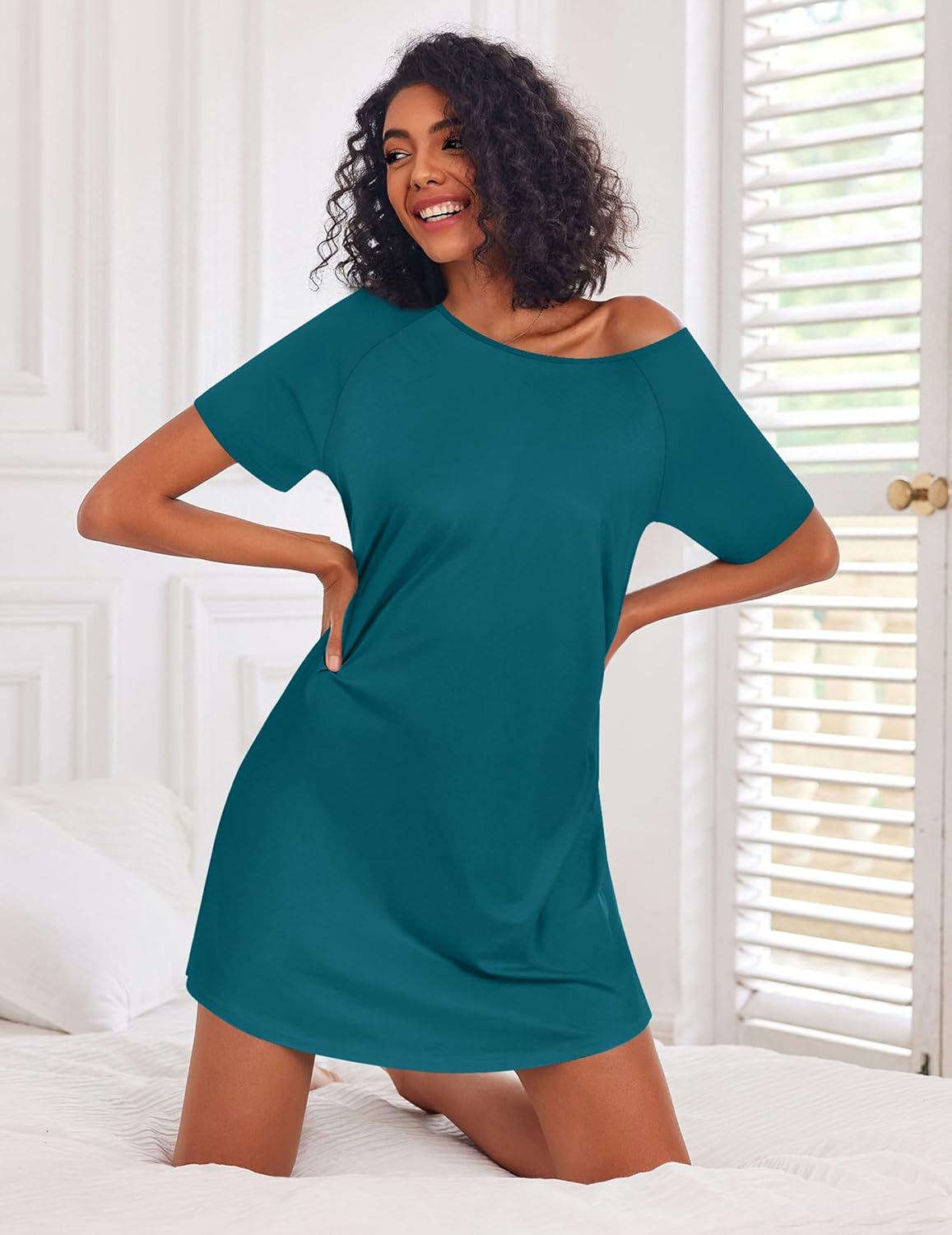 Teal crew-neck short-sleeve nightshirt with relaxed fit mini length
