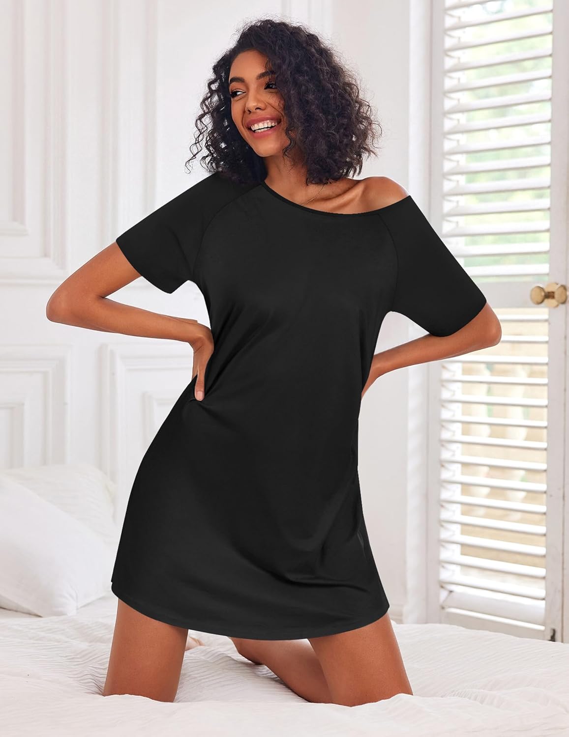 Black crew-neck short-sleeve nightdress with soft drape and mini length