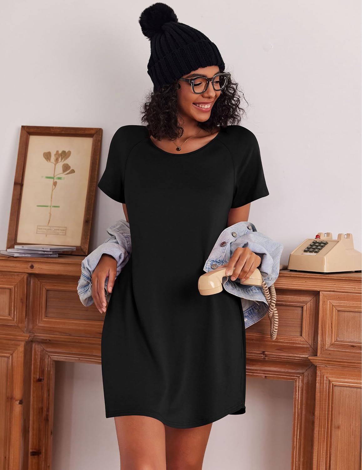 Black crew-neck short-sleeve nightdress with straight hem, simple mini length