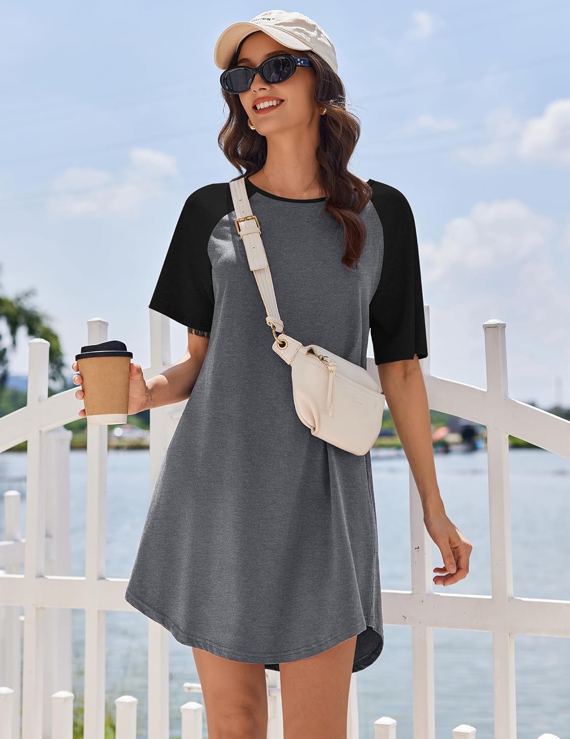 Cotton nightdress mit Rundhalsausschnitt, Kurzarm, dunkelgrau mit schwarzen Raglanärmeln