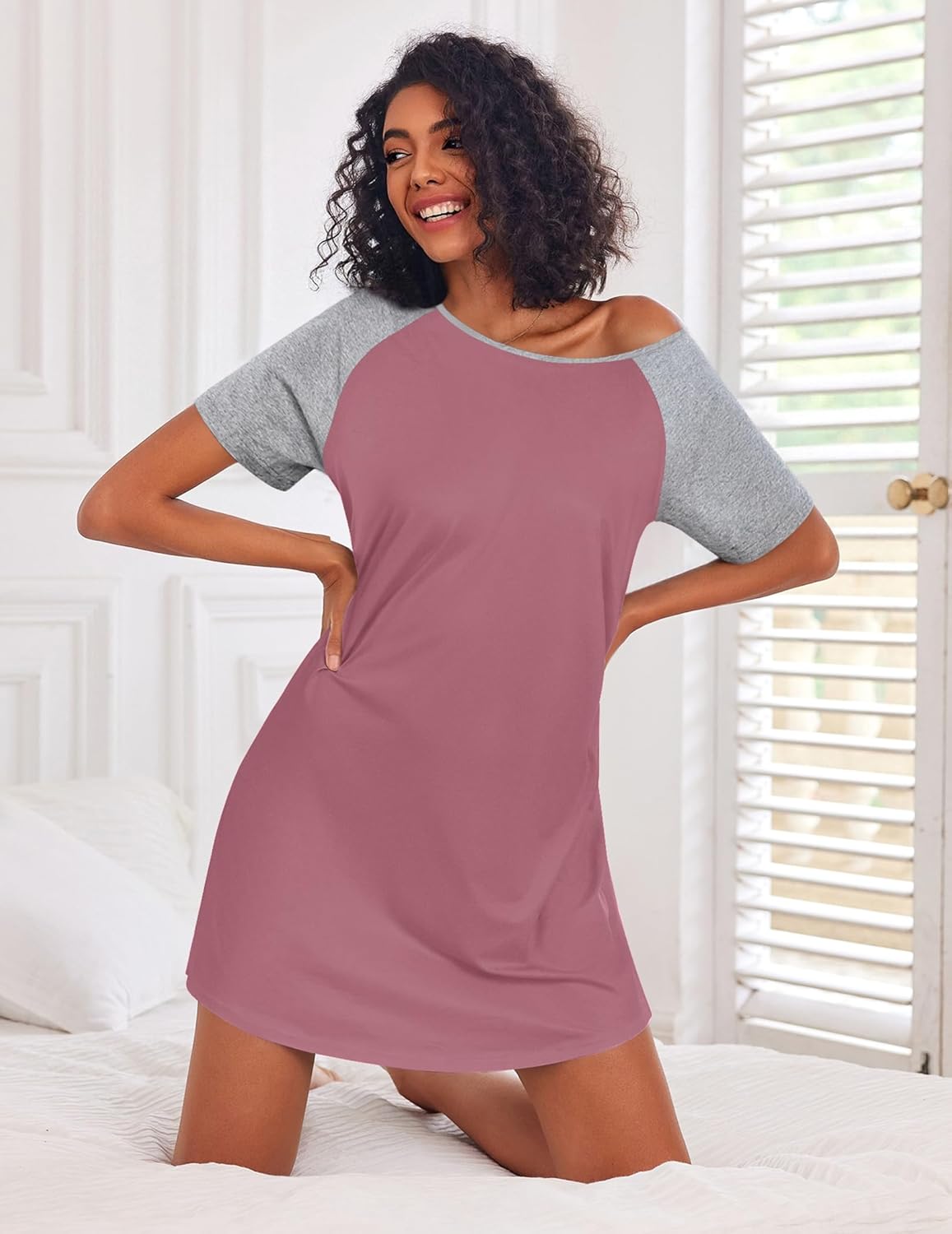 Pink-and-gray raglan crew-neck nightshirt with short sleeves, mini length