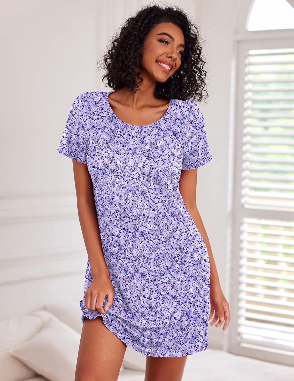 Purple speckled nightdress with crew neckline and short sleeves, above-knee length